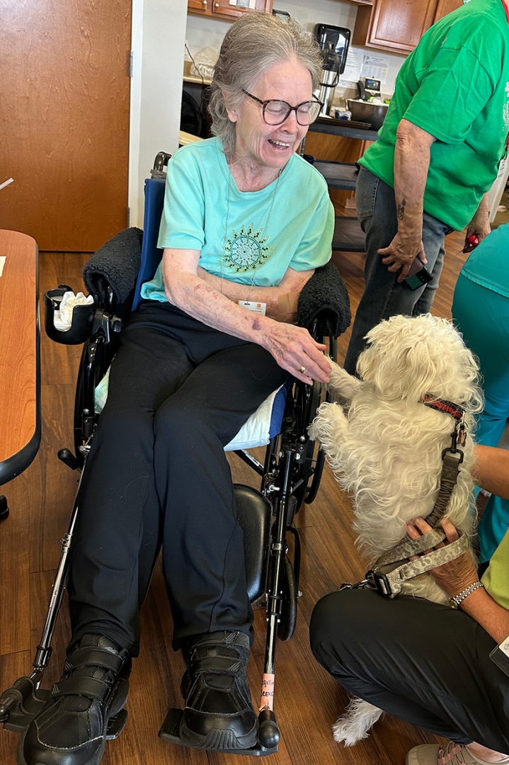 Elderly woman in wheelchair reaching down to dog standing on hind legs.